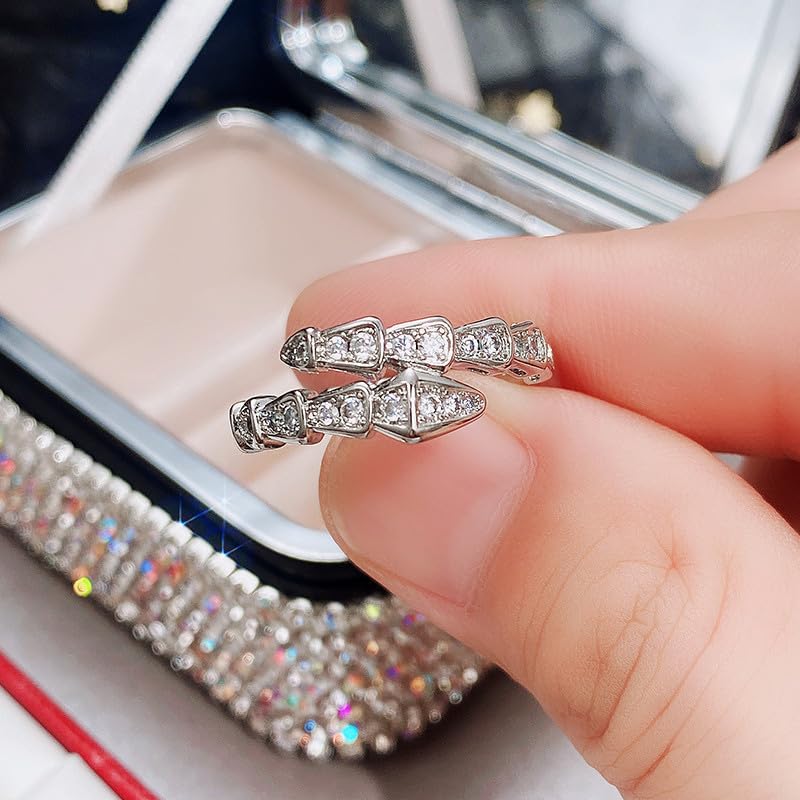 Sdouefos Vintage Snake Rings 925 Sterling Silver Shiny Diamond Gemstone Ring Cubic Zirconia Rings CZ Diamond Snake Shape Ring Eternity Engagement Wedding Band Ring for Women Size 72