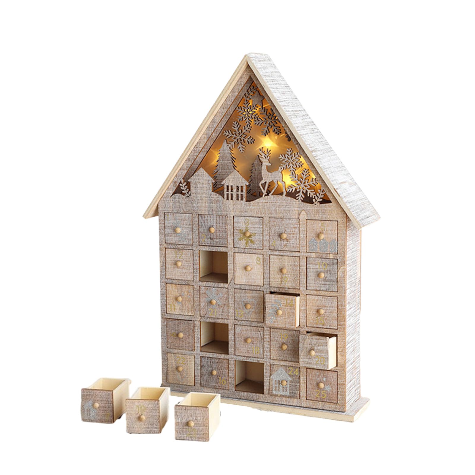 Calendario de madera con cuenta regresiva de árbol de Navidad y casa de renos con luces LED y cajón sorpresa