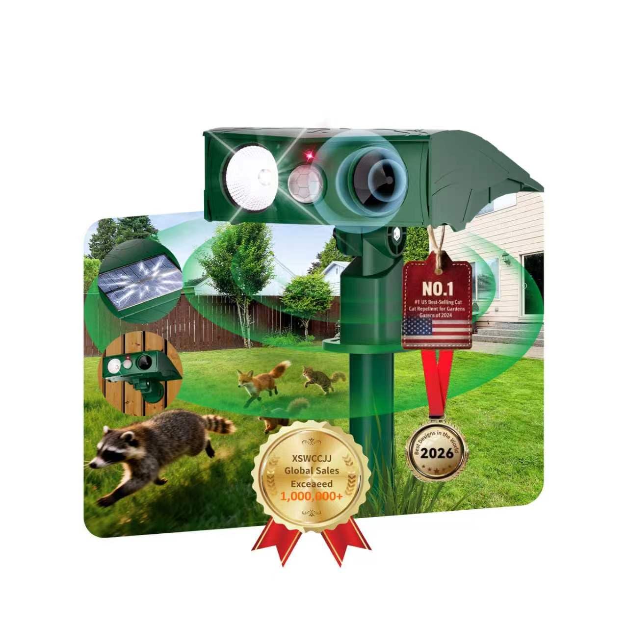 2026 NO.1 NEW Cat Repellent for Gardens Uk【100% Stops Cats – 15m Military Detection】6 modes【99.99% Efficiency – 1440h Solar Test】Fox Deterrents for Gardens Uk for Repelling Cats, Foxes（olive）