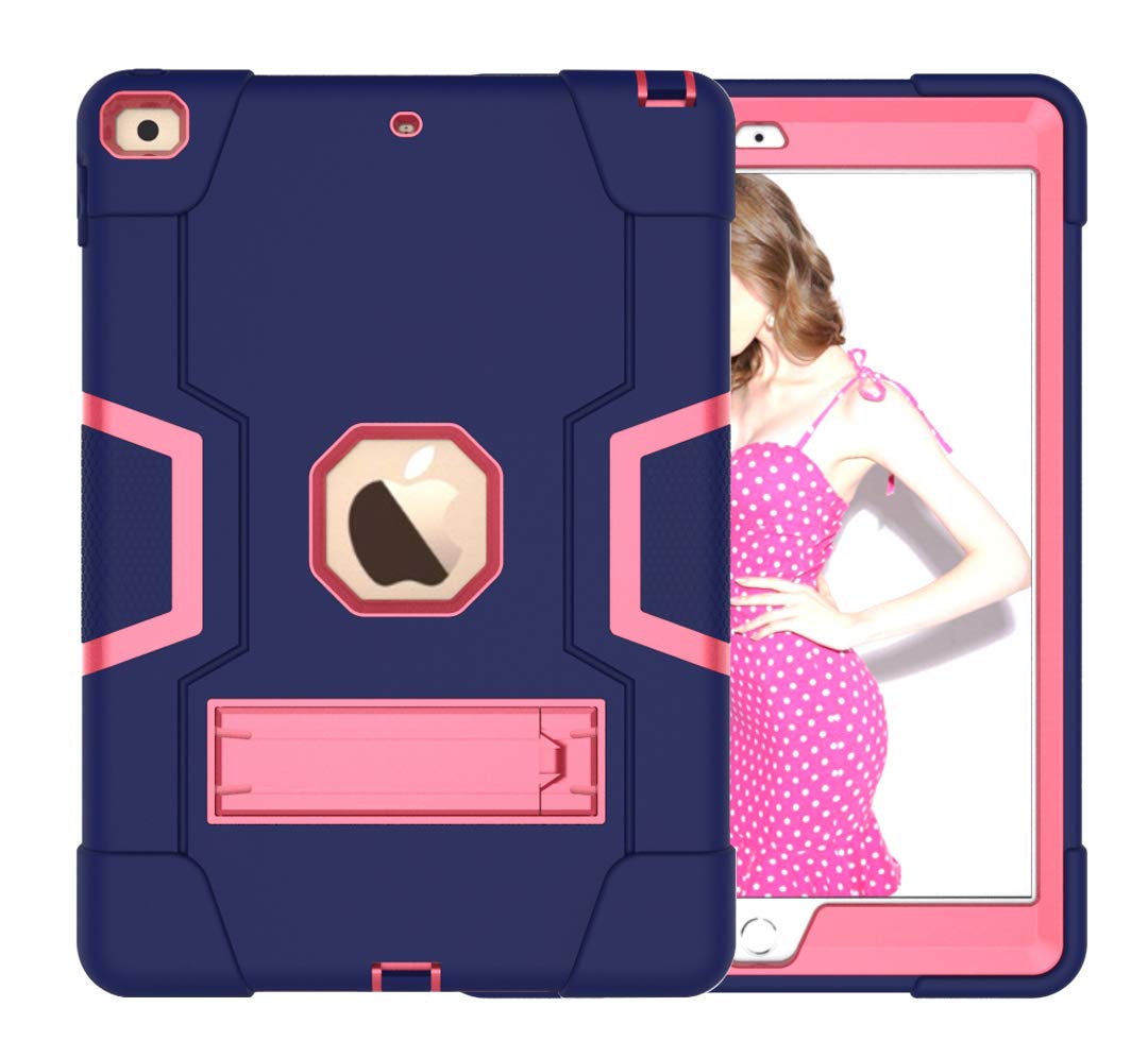 iPad iPad 6/Air2/Pro9.7 Generation Case with Kickstand, Durable Heavy Shockproof Hard Hybrid Three Layer Protective Cover iPad Tablet Silicone Case (Navy Blue + Rosered)