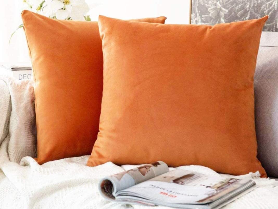 Virlok Elite Velvet Square Shape Cushion Cover Throw Pillow Cover for Living Room Couch Diwan Single Seater Sofa,Velvet Orange Color Modern Small (SIZE-10X10)(Set of 4)