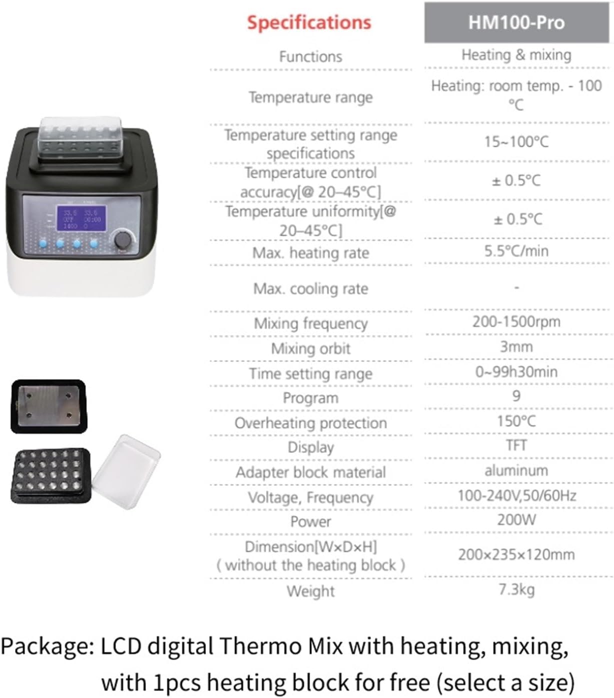 LCD Metal Bath Thermo Mix with Heating Block Dry Bath Speed Adjustment Laboratory Heating Equipment Mixing and Shaking HM100-Pro Professional Laboratory Equipment (HM100 Pro)