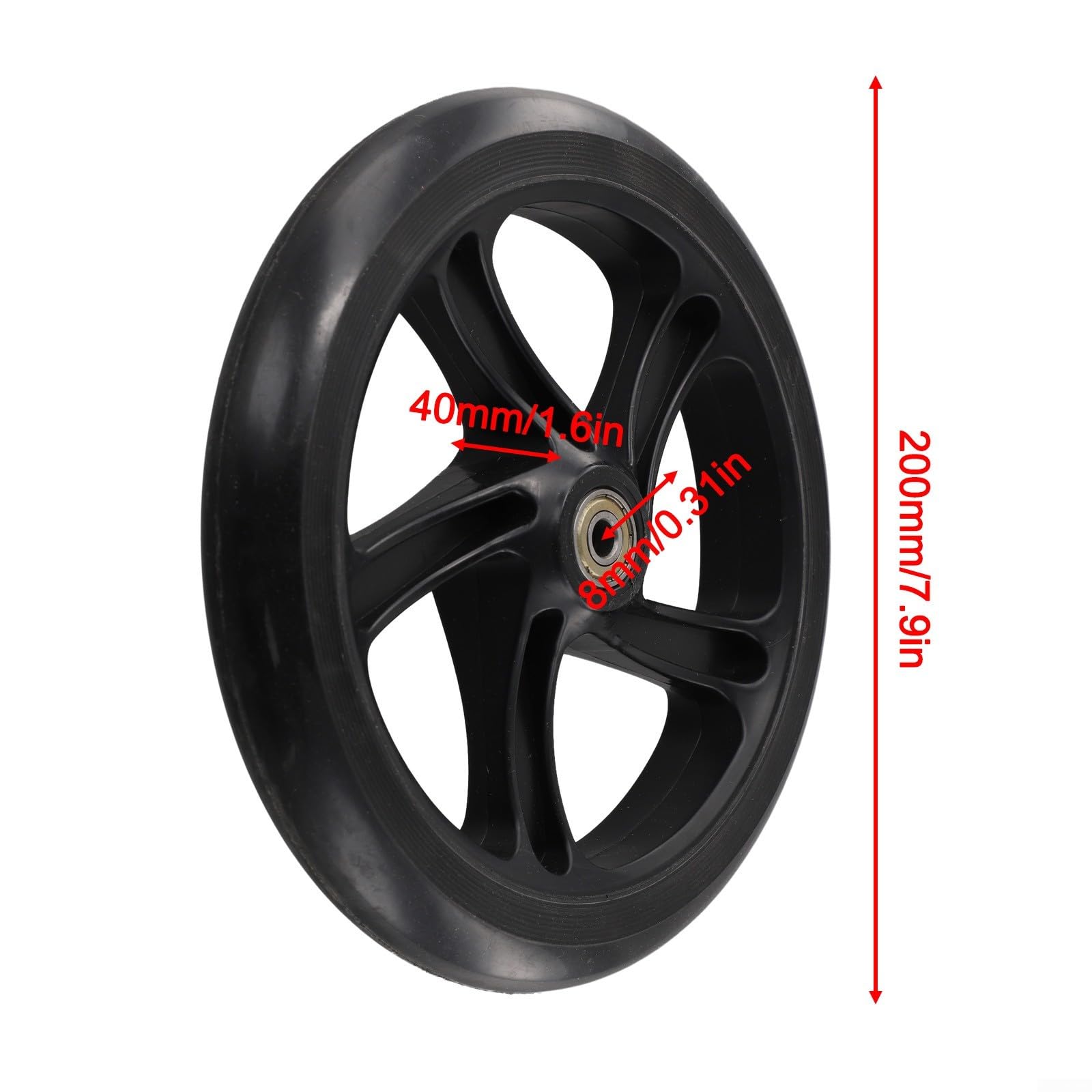 Ruote in poliuretano per scooter elettrici e kick, confezione da 2 ruote silenziose in poliuretano con foro centrale da 8 mm, dimensioni da 125 mm a 200 mm (200 mm x 40 mm, nero)