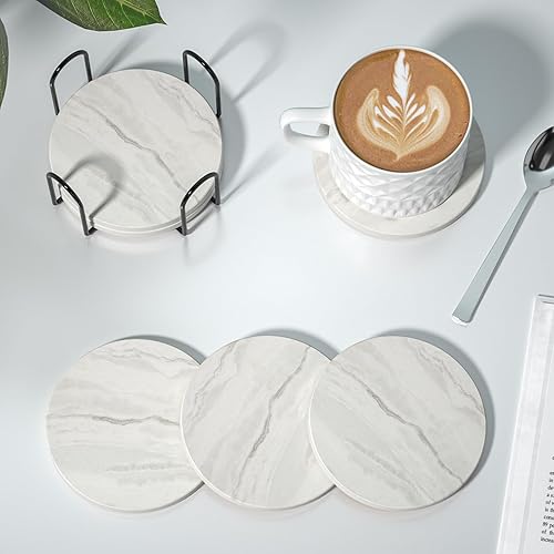 Miniatura 6 de Posavasos absorbentes con soporte, juego de 6 posavasos absorbentes, posavasos de ágata de cerámica con mármol y base de corcho para mesa de café,