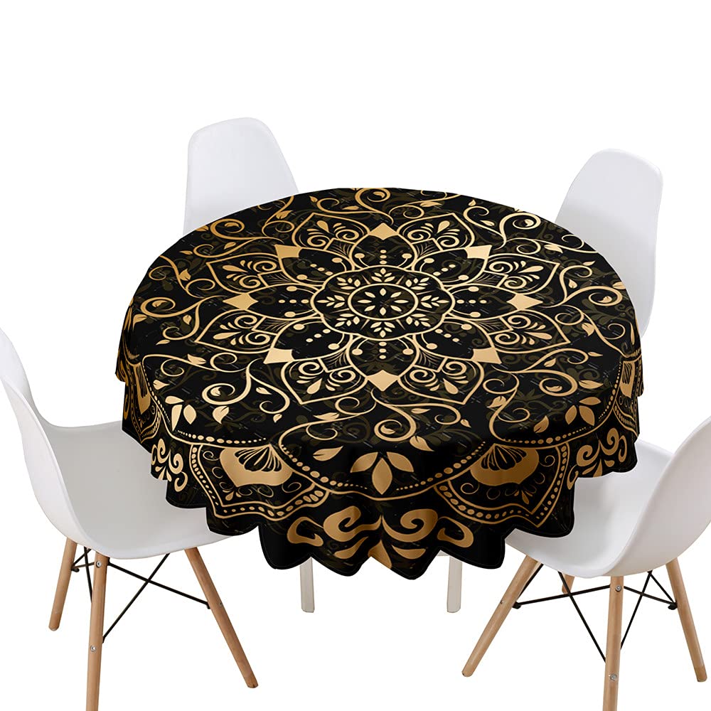 Highdi Impermeable Mantel de Redondo, Antimanchas Lavable Manteles Moderno Decoración para Salón, Cocina, Comedor, Mesa, Interior y Exterior (Tótem Dorado,Diámetro 100cm)