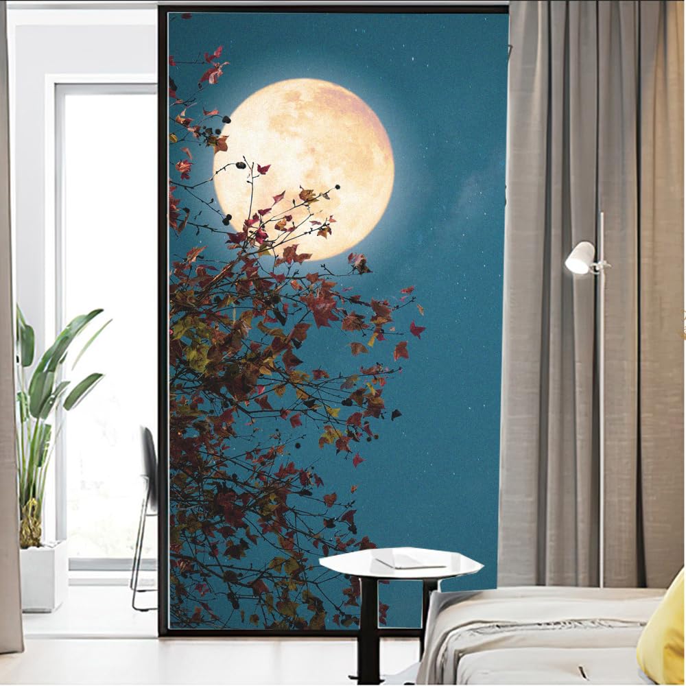 Privacy Window Film Moon Raise Scenery Stained Glass Static Cling Window Treatments Window Coverings Glass Sticker Decorative Film for Siding Glass Door Home Decor 31.5"x47.2"(80x120cm)