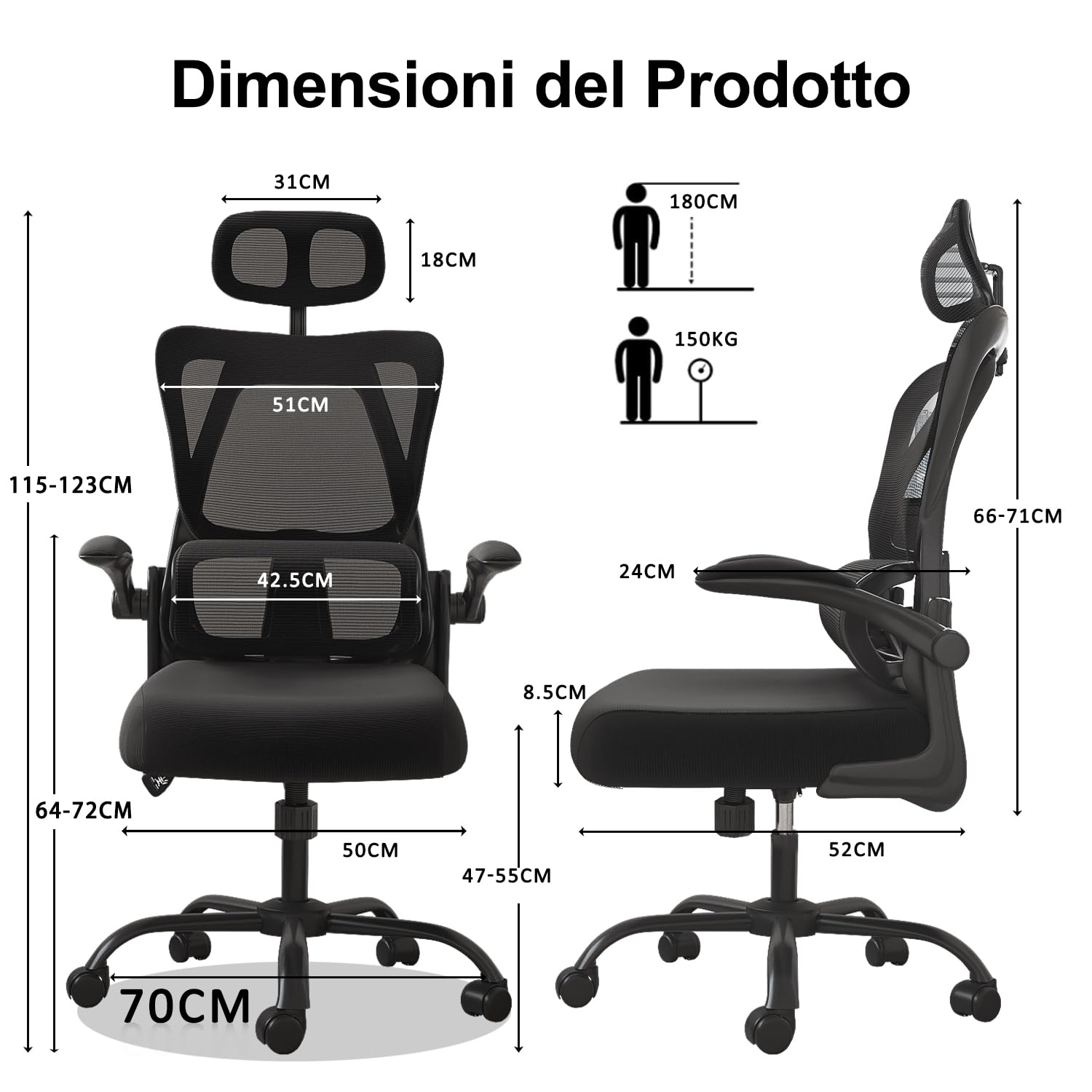 Sedia Da Ufficio Ergonomica Devoko Con Rete Traspirante - Braccioli 3D, Supporto Lombare, Max 180 Kg