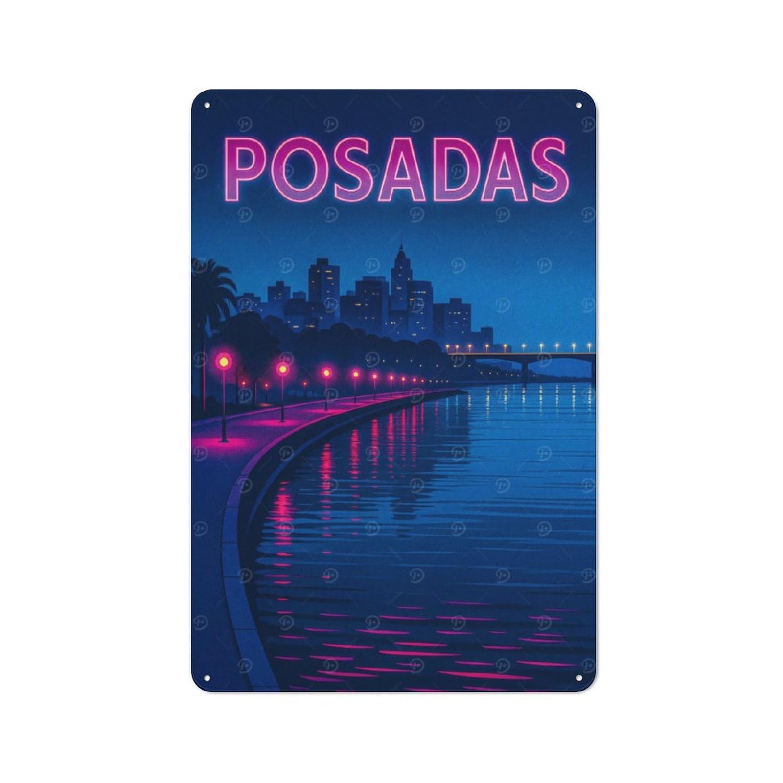 Posadas Cityscape at Night Tin Sign 30x20cm, Creative Studio Wall Plaque for Hobby Room, Office, Lounge Or Living Room
