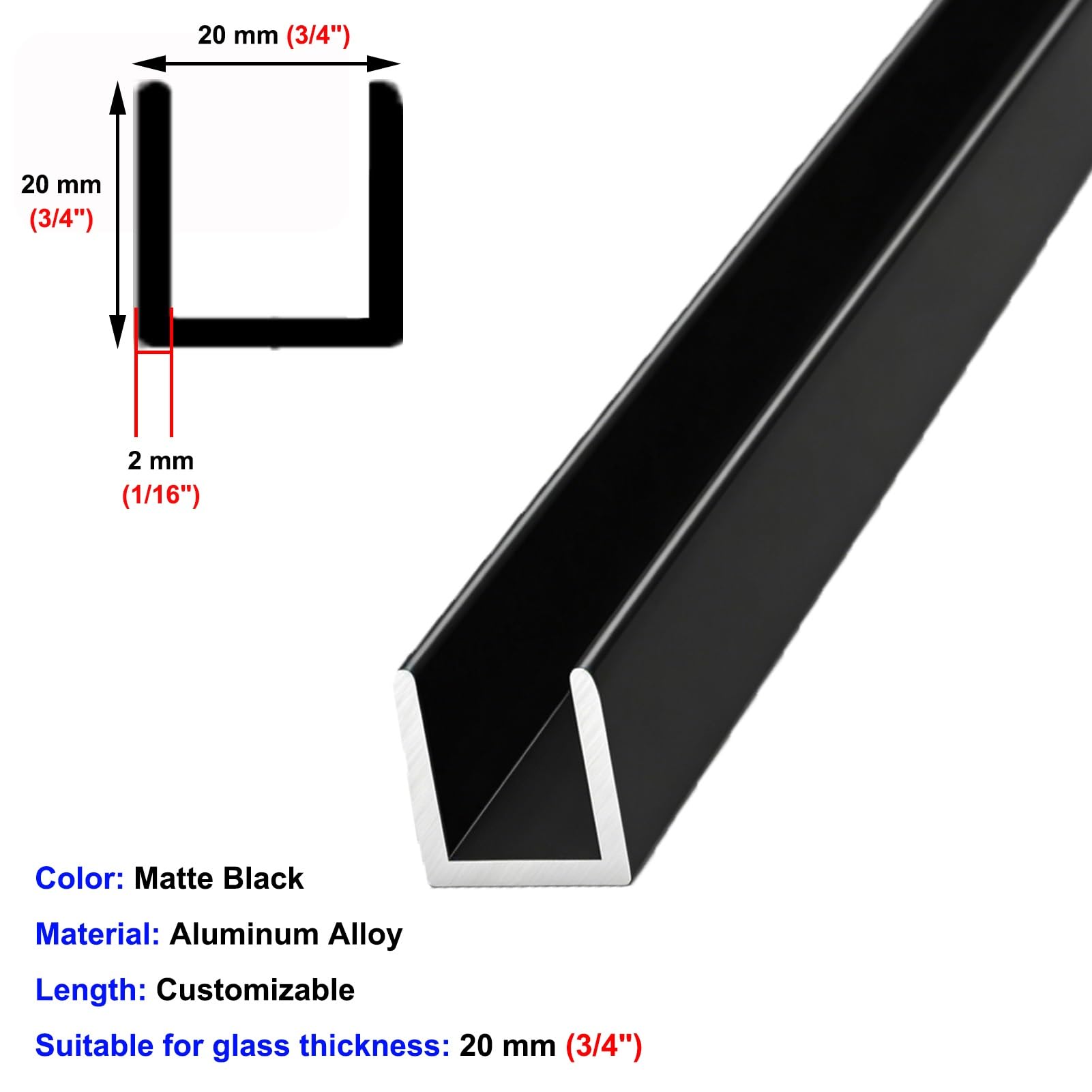 U Profil do Kabiny Profil Aluminiowy Typu U (20 25 30 mm) do Montażu Szkła | Profil Typu U w Kolorze Czarnym Matowym do Bezramowych Konstrukcji Szklanych Np. Balustrad(20 mm (3/4"),L2.2m(7.2ft))