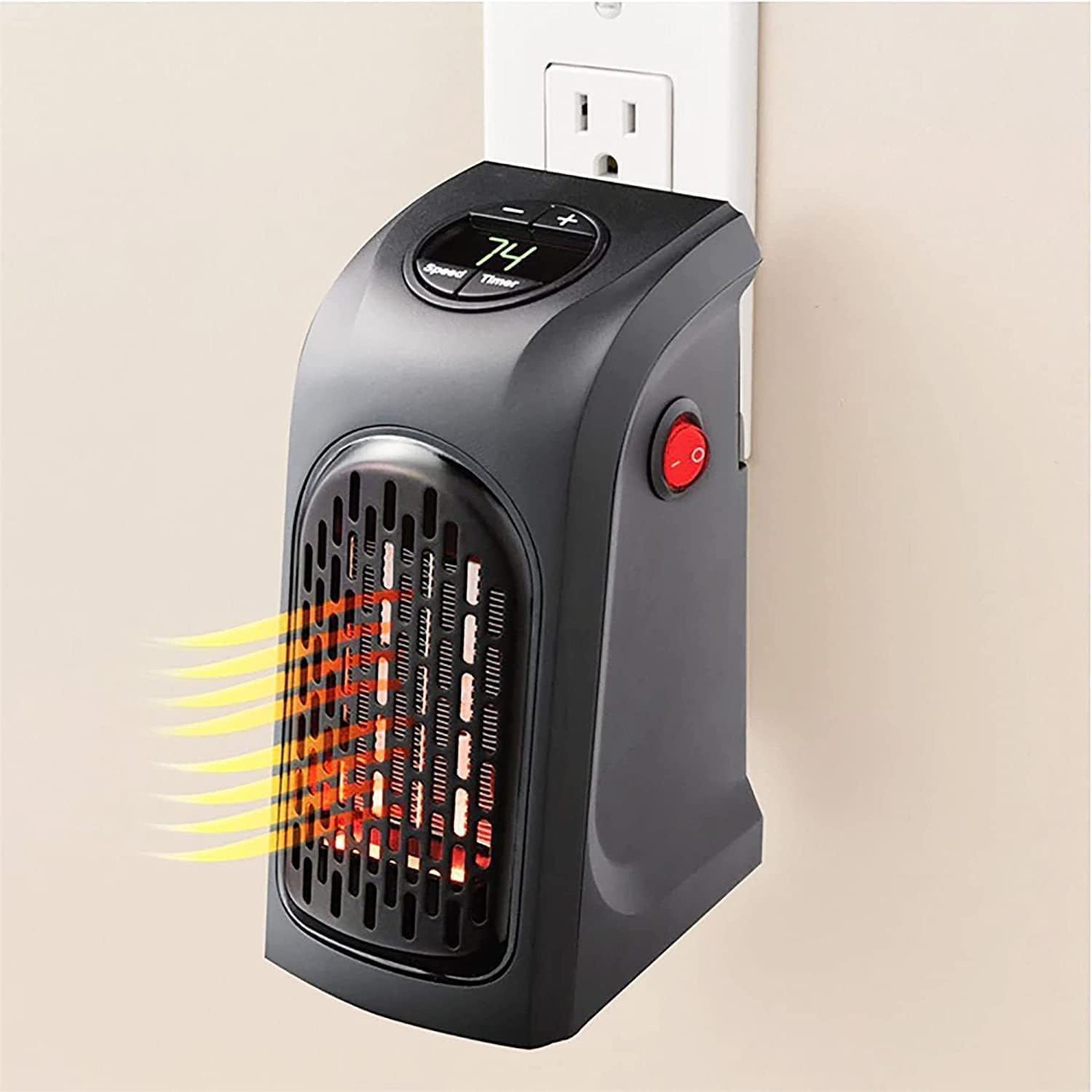 ADRAMA Plastic Electric Heater Fan Wall-Outlet Handy Adjustable Timer Digital Display For Home Office Camper.