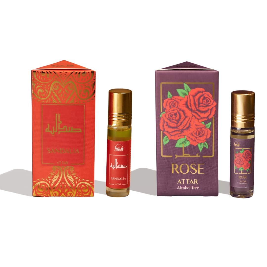 Real Chandan & Rose Attar Oil by Dukhni | 2 x 6ml Arab perfume oils for men and women | 100% pure ittar roll on perfume, chandan, sandal, sandalwood oil, gulab | Original concentrated fragrance oil