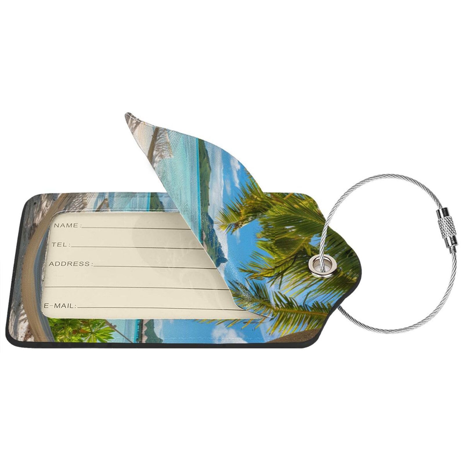 4 etiquetas de equipaje de piel sintética para maleta, océano, playa, palmeras, isla tropical, junto al mar, etiqueta de equipaje con bucle de acero inoxidable, etiqueta de identificación para mujeres