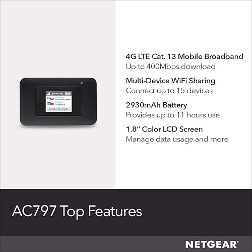 Miniatura 6 de NETGEAR Hotspot WiFi móvil  Enrutador 4G LTE AC797-100NAS  Velocidad de descarga de 400 Mbps  Conecta hasta 15 dispositivos  Crea una WLAN en