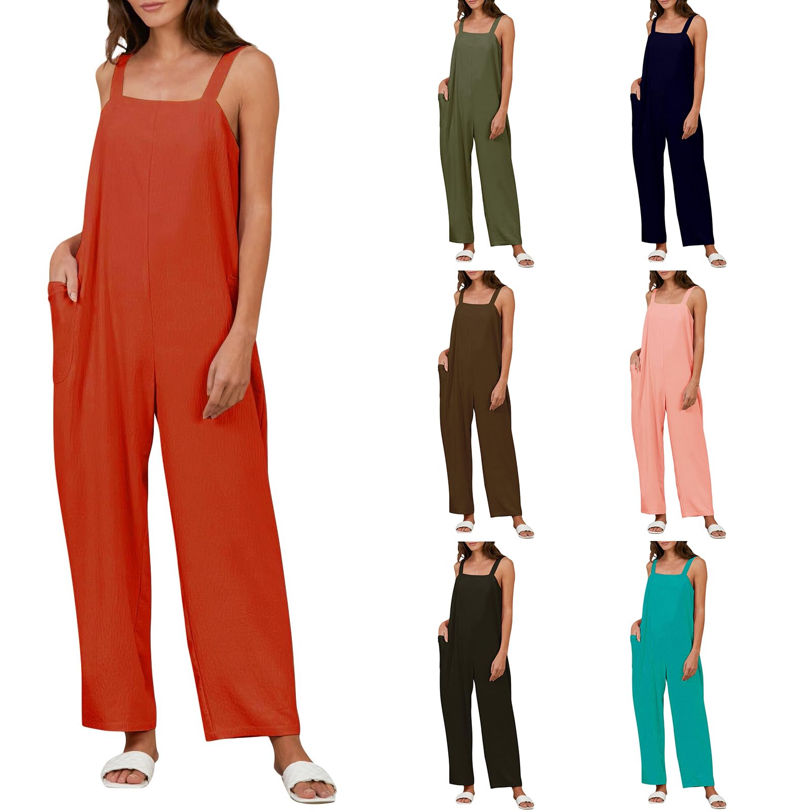 Linen Overalls for Women Loose Fit Wide Leg Jumpsuit Sleeveless Adjustable Straps Jumpsuits Summer Romper with Pocket
