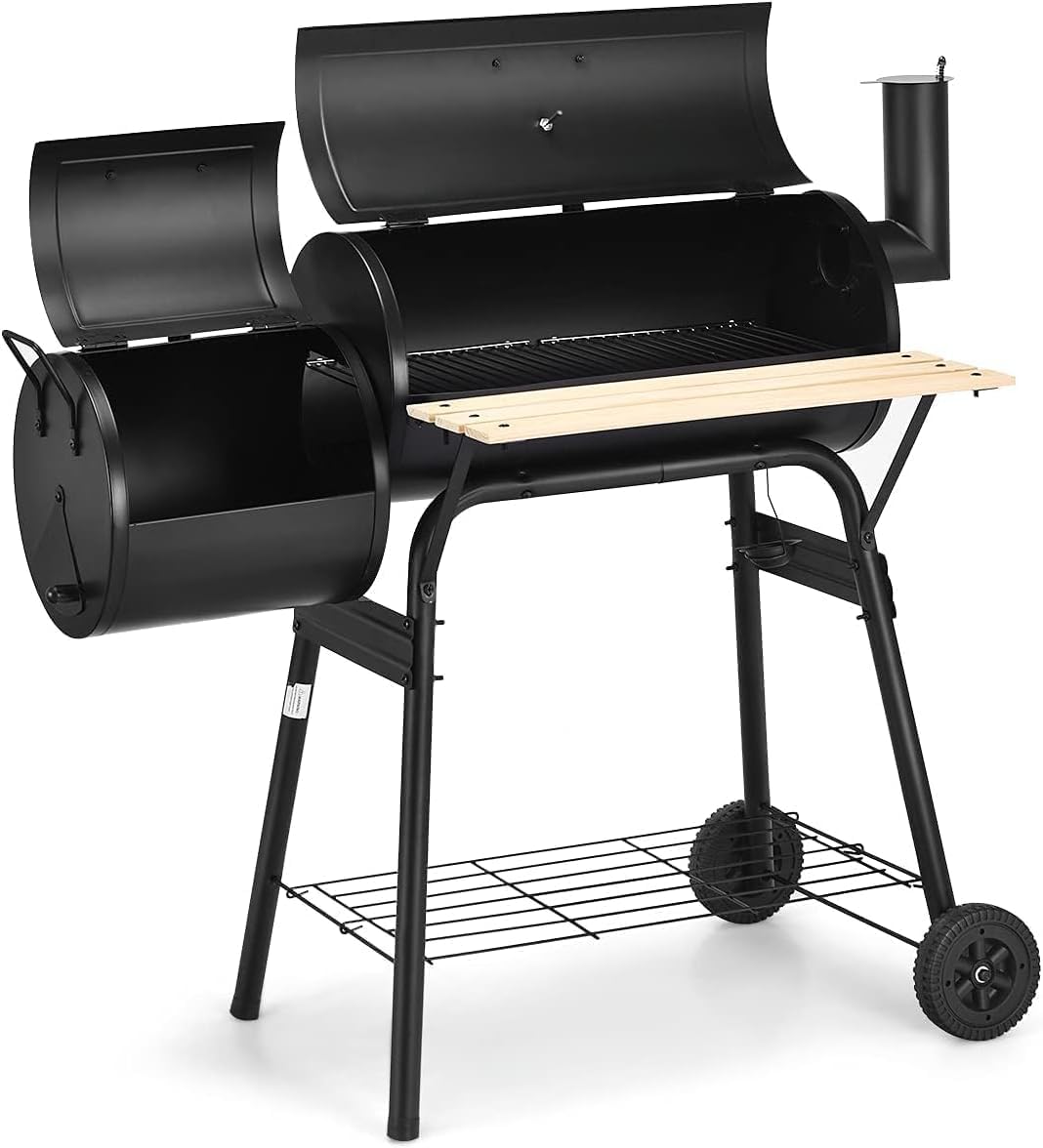 HAPPYGRILL Portable Charcoal Grill with Smoker, Thermometer, Side Shelf & Adjustable Damper, BBQ Grill Oven with 2 Moveable Wheels for Camping Patio Backyard Party