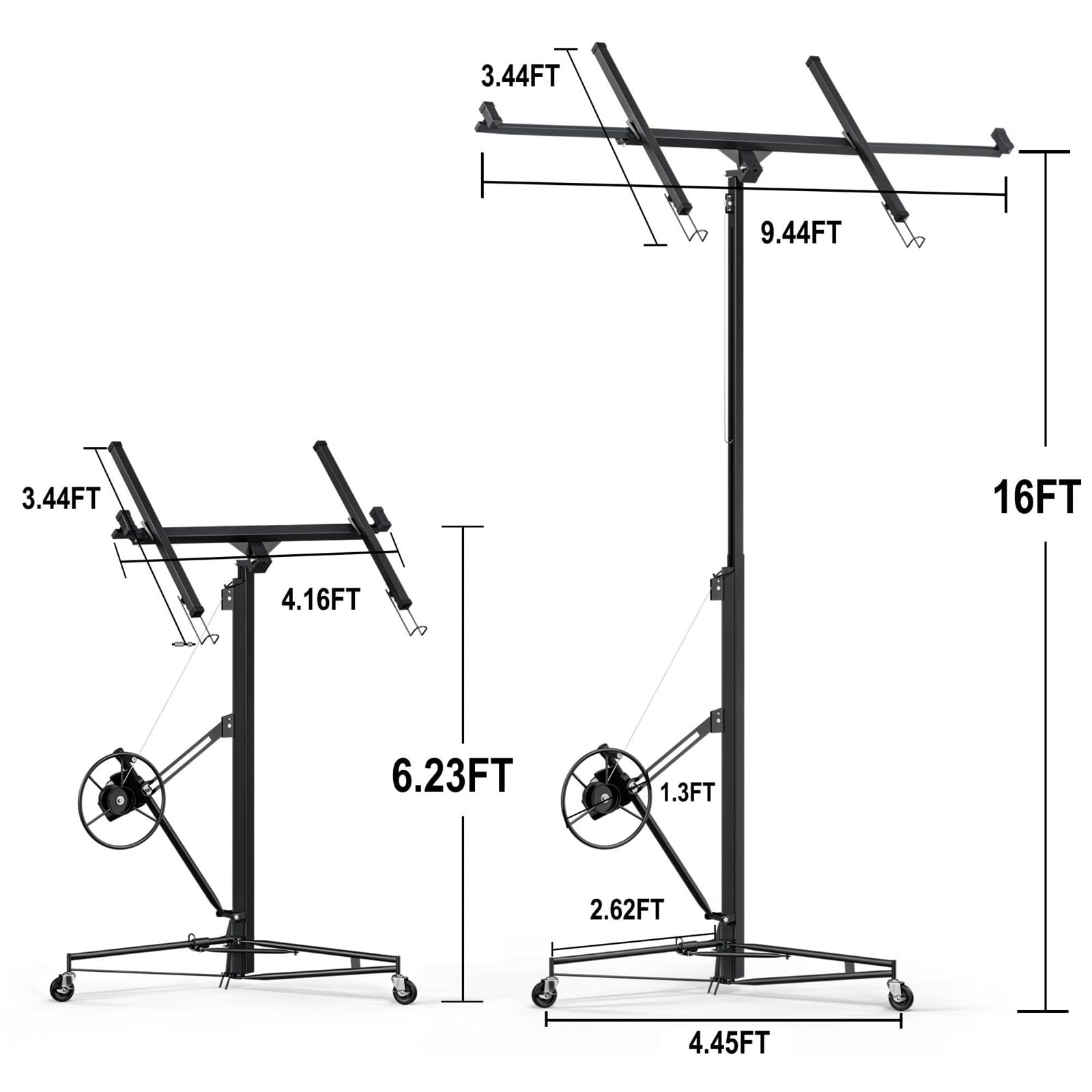 16' Drywall Lift Panel Hoist with Rolling Caster Wheels, Sheetrock Lifter Jack for Ceiling Construction (Black, Height up to 16FT)