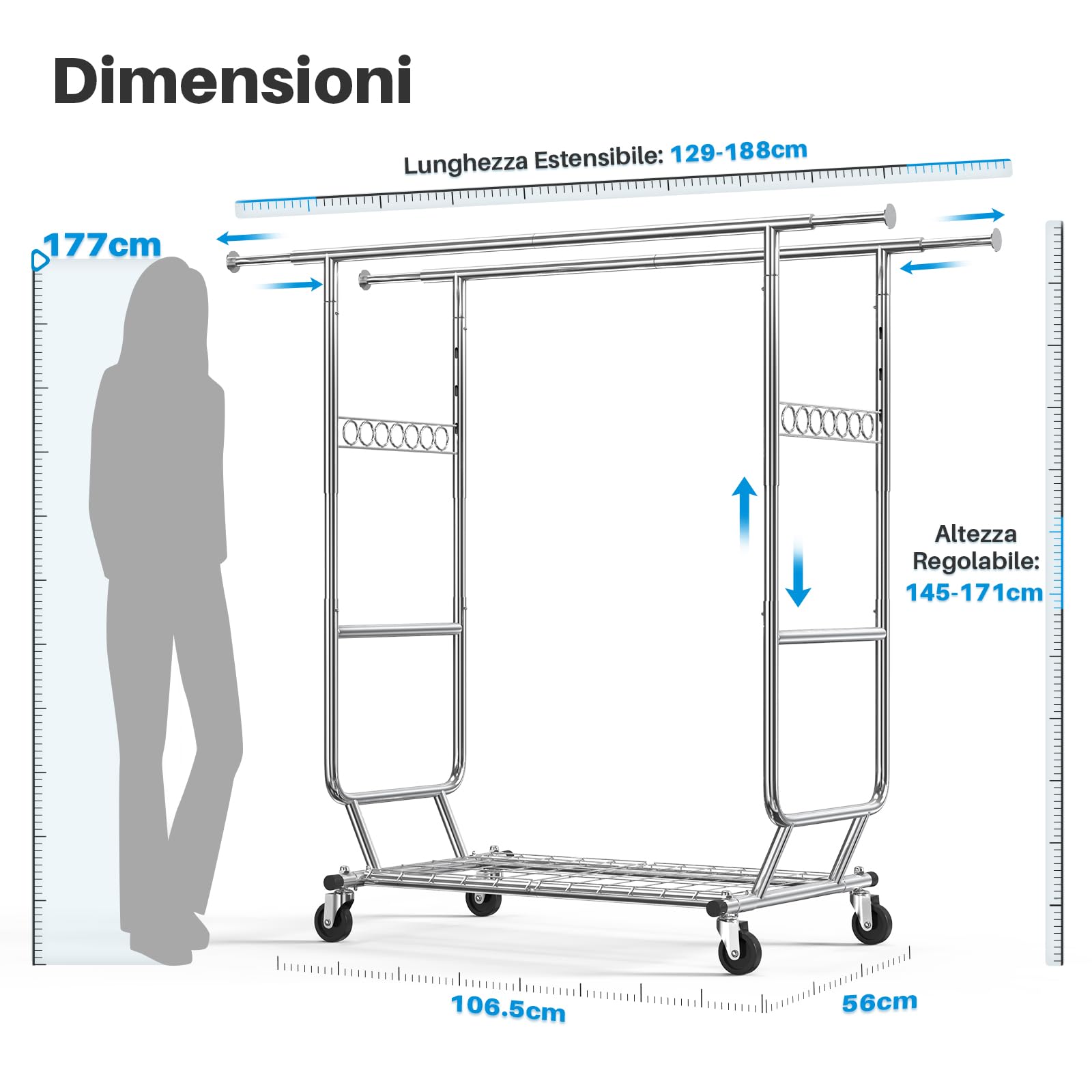 HOKEEPER Appendiabiti da Terra Resistente a Doppia Barra con Ruote, 295kg, con Ripiano Inferiore, Estensibile - Ideale per Camera da Letto, Boutique, Lavanderia, Argento
