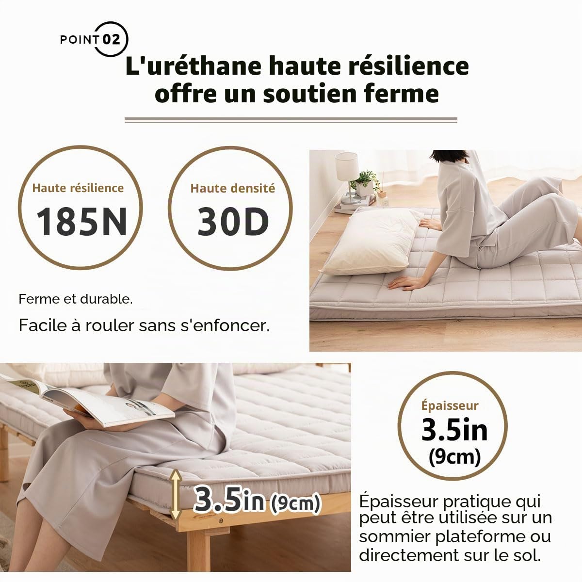 EMOOR Matelas Futon Rembourré Japonais Machi 160 x 202 cm Gris, Stockable Pliable avec Bandes Élastiques Soufflet Lit D'invité Sol Couchage Tatami