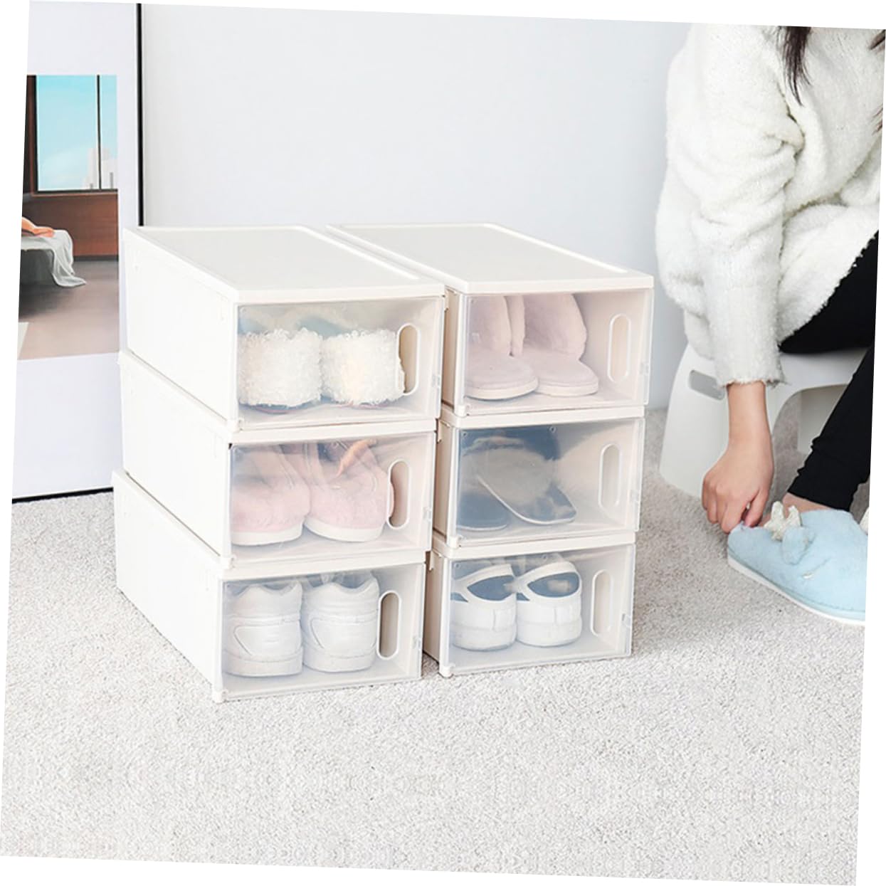 Hohopeti Caja para Almacenamiento de Gran Capacidad para Guardar Zapatos Transparente Ventana Visual de Plástico Blanco 2 Piezas y Diseño Simple
