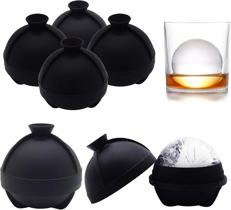 Sphere Ice Molds - 6 Pack - Silicone Ice Ball Molds with Built-in Funnel - Round Ice Cube Molds - Make 2.5 Inch Big Ice Sphere for Whiskey & Cocktails,Food Grade and BPA Free, Black | Food-grade Round Ice Makers with Lids,Create 2.5” Ice Balls for Cocktails,Bourbon,and Drinks