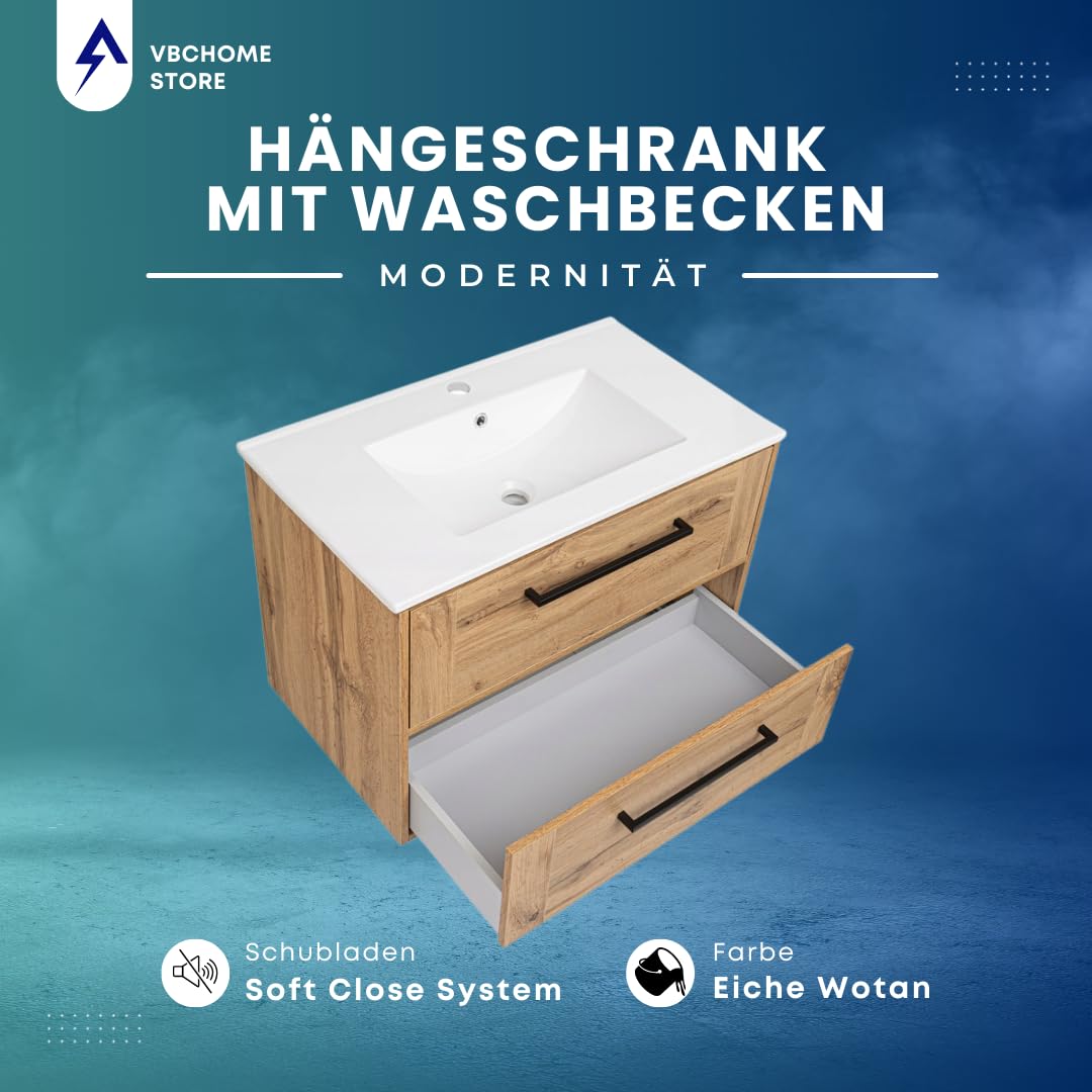 VBChome Hängeschrank 81x56x47 cm Eiche Wotan mit Keramikwaschtisch – Moderne Badmöbel mit Soft-Close-System und Metallgriffen