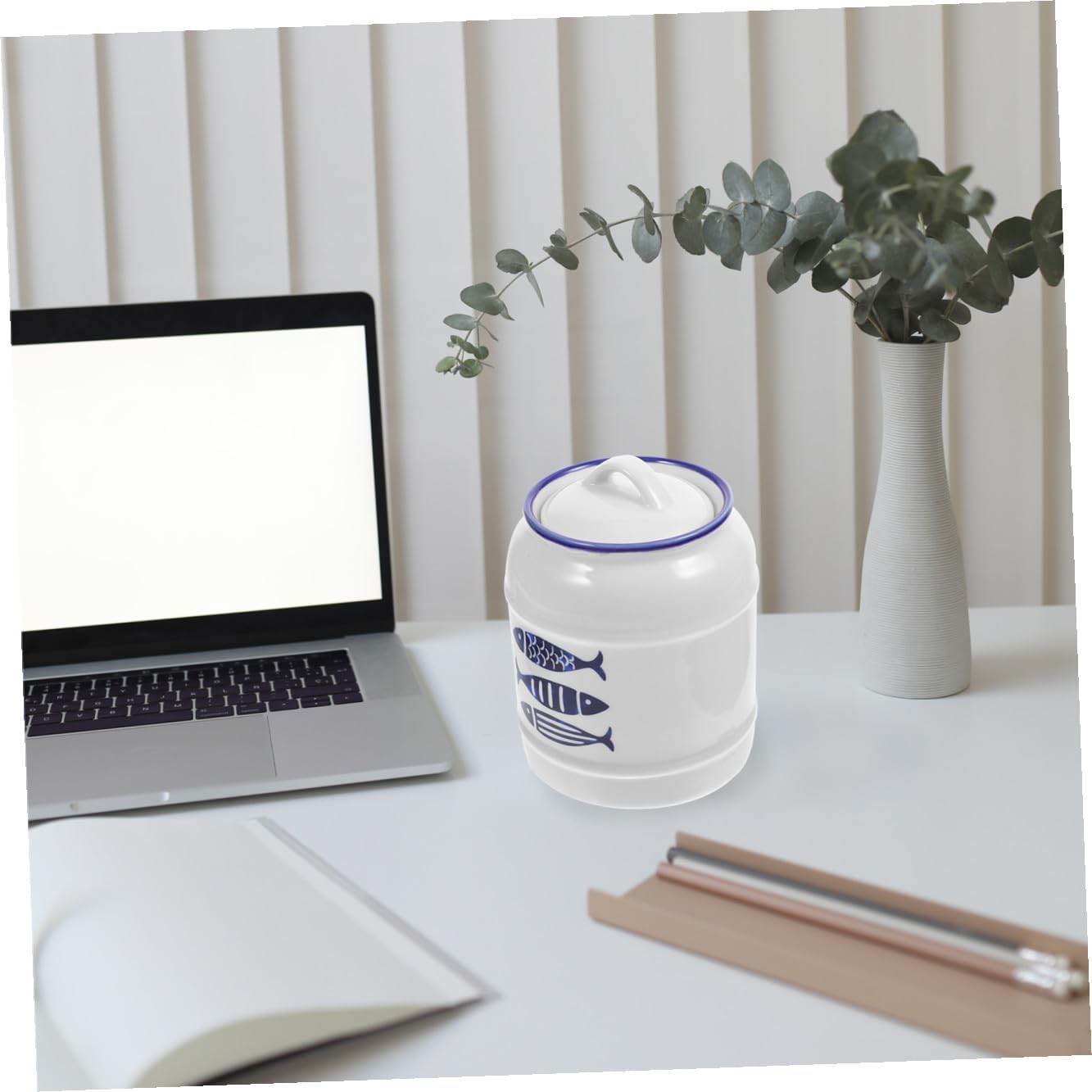 Ceramic Cereal Storage Container 750Ml Airtight Kitchen Canister with Lid White Japanese Blue Fish Pattern Multi-Purpose Food Organizer for Pantry and Countertop