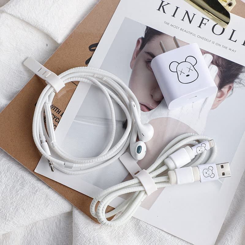 Image of Careflection 6-in-1 Multi Combo Spiral USB Cable Protectors + Earphones Winder + Sticker + Cable Clips + Earphone Jack Clip for New 20W Apple iPhone iPad Charger (KAWS Bearbrick White)