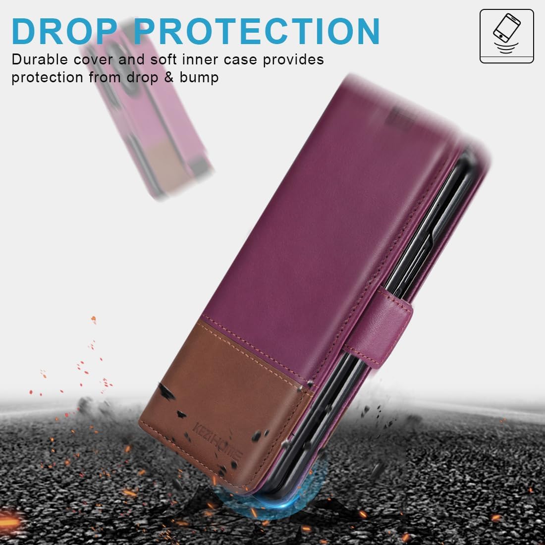 KEZiHOME for Samsung Galaxy Z Fold 5 Case, Genuine Leather Wallet Case [RFID Blocking] with Card Holder Stand Shockproof Protective Phone Flip Cover Compatible with Galaxy Z Fold 5 (Purple/Brown)