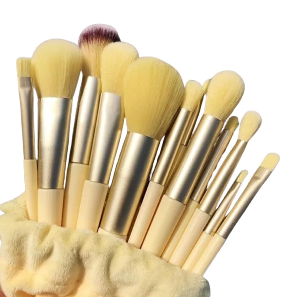 Kit de Pincéis de Maquiagem 13 Peças Profissional, Cerdas Sintéticas,Para Base, Blush, Sombra, Delineador, Lábios (Amarelo)