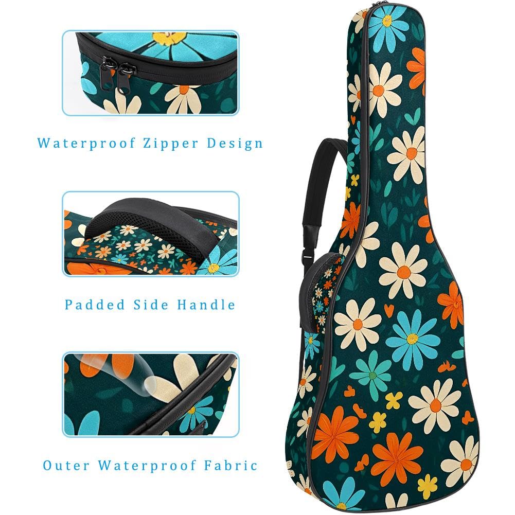 Gitarrentasche, volle Größe, 99 cm, 101,6 cm, 104,1 cm, für Akustikgitarre, Konzertgitarre, 10 mm dick, gepolstert, Gänseblümchen-Motiv, wasserdicht, mit Tasche, verstellbarer Schultergurt