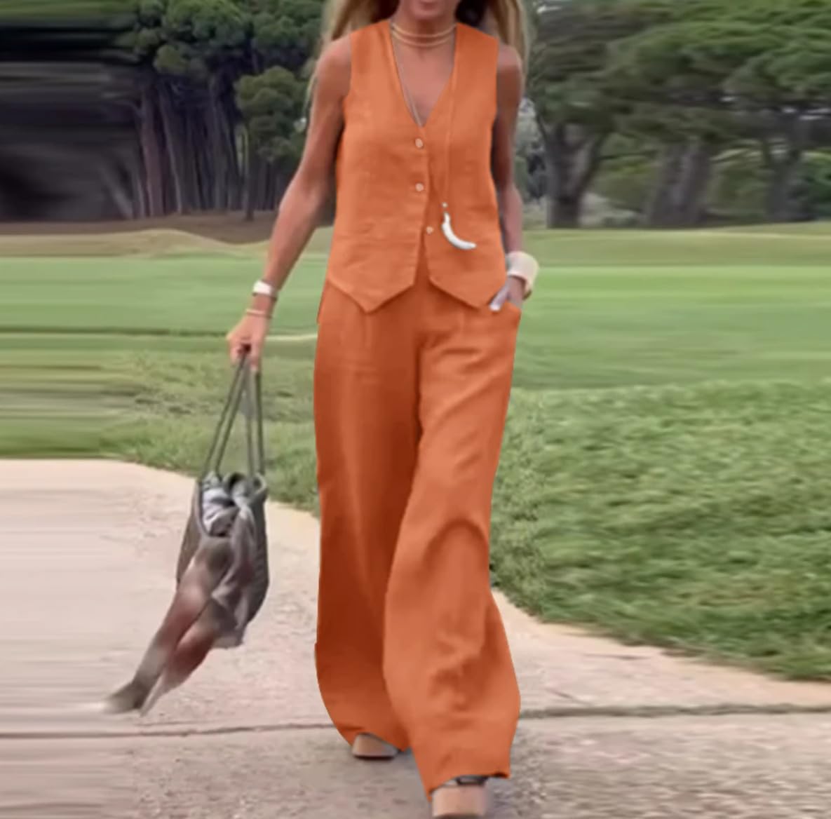 Completo Donna Completo Da Donna In Due Pezzi Di Cotone E Lino Senza Maniche Con Gilet Abbottonato E Scollo A V E Pantaloni A Gamba Larga Set Estivo Casual Ed Elegante Perfetto Per Vacanze Al Resort