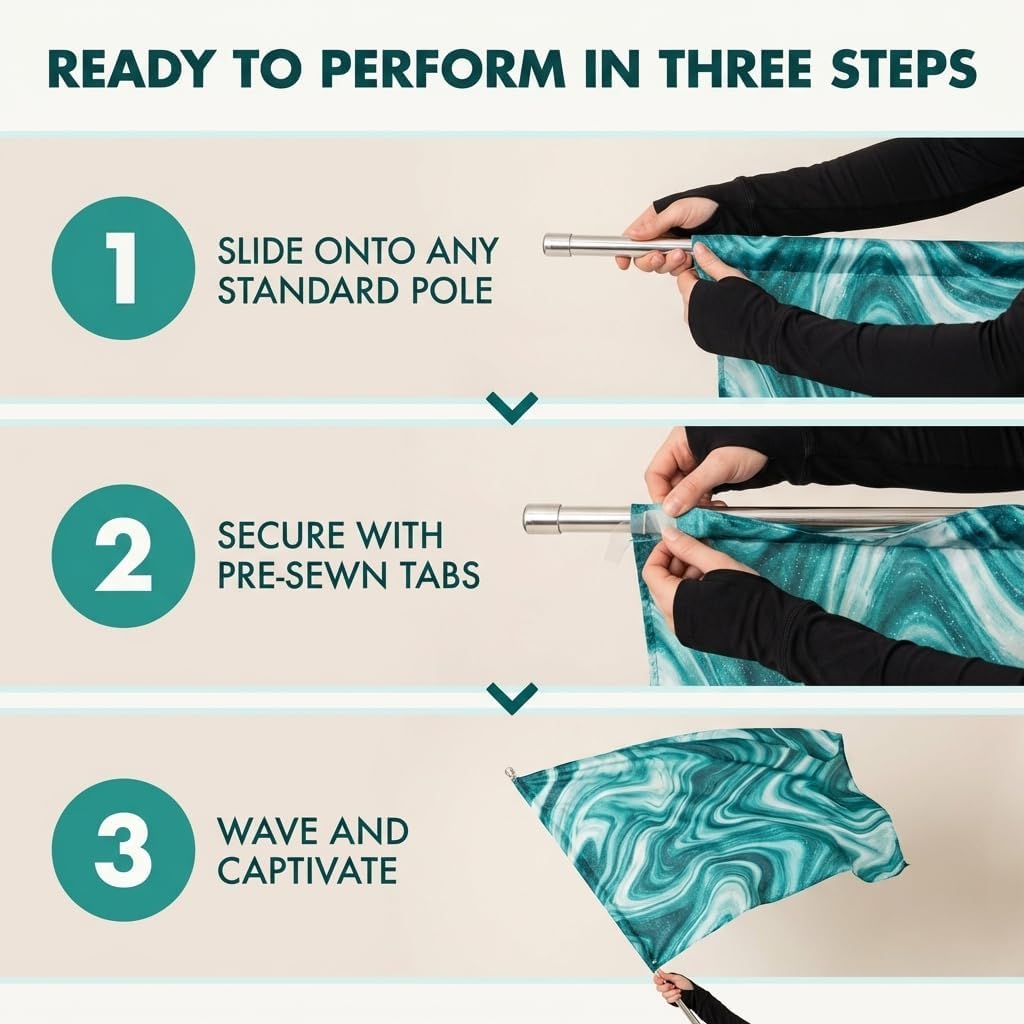 Cousin's Concert Attire Color Guard Swing Flags - Print Visible on Both Sides - Color Guard Flag Silk for Practice & Cheer | Praise Dance Flags for Worship | Lightweight Dancing Flag - Teal Wave