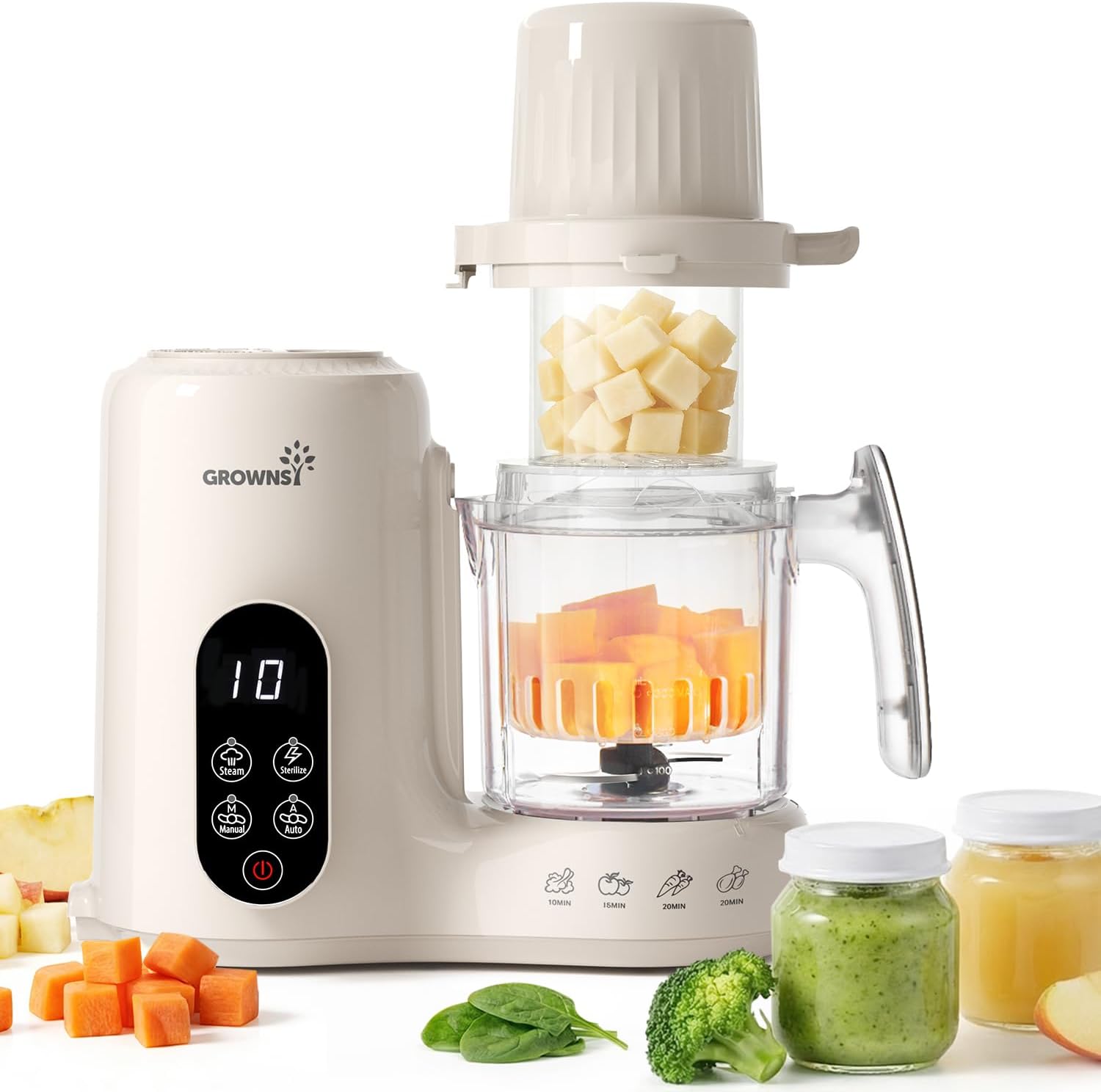 Grownsy Baby Food Maker & Processor with Dual-Layer Steam Basket, Cream | BPA-Free, Steamer & Blender for Homemade Baby Food Purees, Starting Solids, Baby-Led Weaning and Baby Shower Gifts, 6+ Months