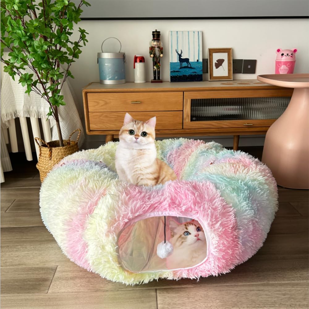 Cat Bed Tunnel Tube Toy Rainbow Plush Round, Collapsible Pet Tunnels for Indoor Cats, Interactive Toys Play Tubes with Hanging Ball for Kitty, Puppy, Rabbit for Fun Playtime & Exercise
