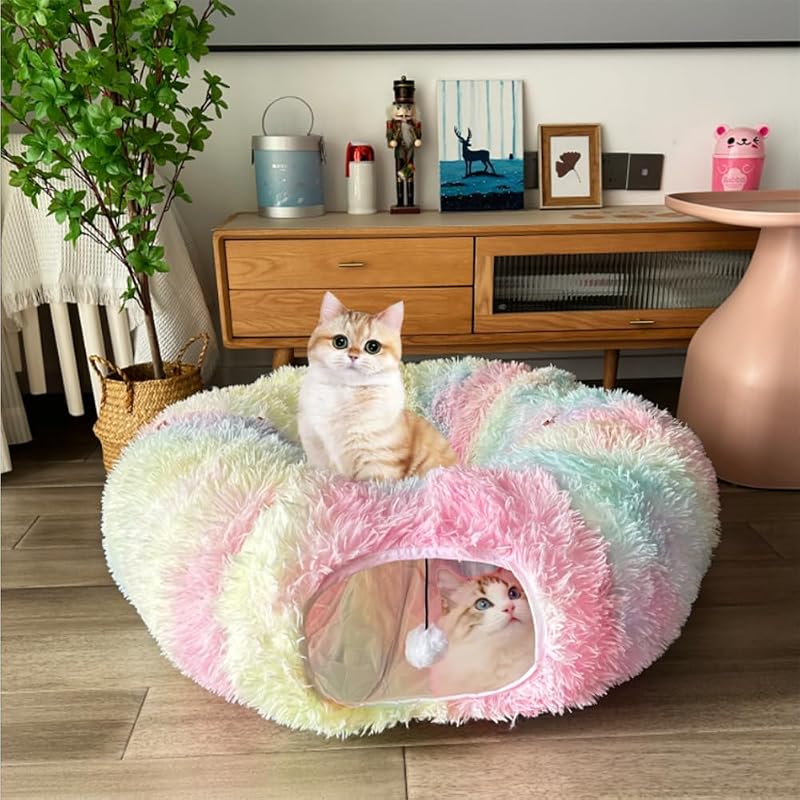 Túnel para Gatos em Pelúcia Colorida com Bola Suspensa Mabaytir