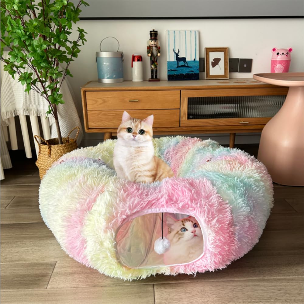 Mabaytir Cat Bed Tunnel Tube Toy Rainbow Plush Round, Collapsible Pet Tunnels for Indoor Cats, Interactive Toys Play Tubes with Hanging Ball for Kitty