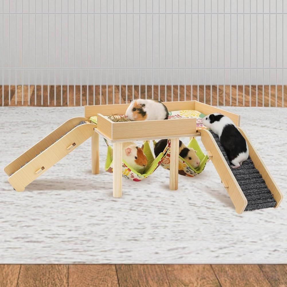 Kleines Holzversteck mit doppelten Ruhezonen und integrierter Treppe für Meerschweinchen, Hamster, graue Oberfläche