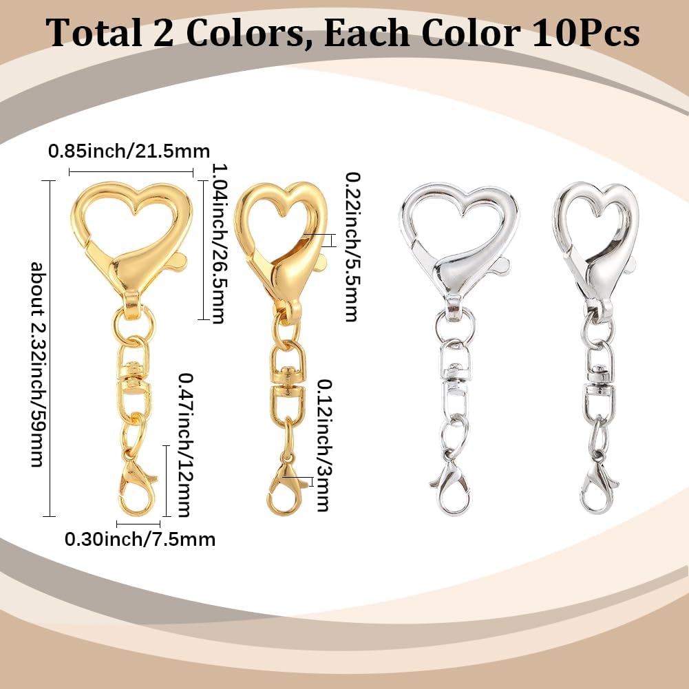 20Pcs 2 Colors Heart Shaped Swivel Clasp Swivel Spring Clasp Gold Silver Alloy Hanging Lobster Claw Snap Hook Clip Key Chains Findings for DIY Jewelry Making Keychains Lanyards Bags Crafts - Image 2