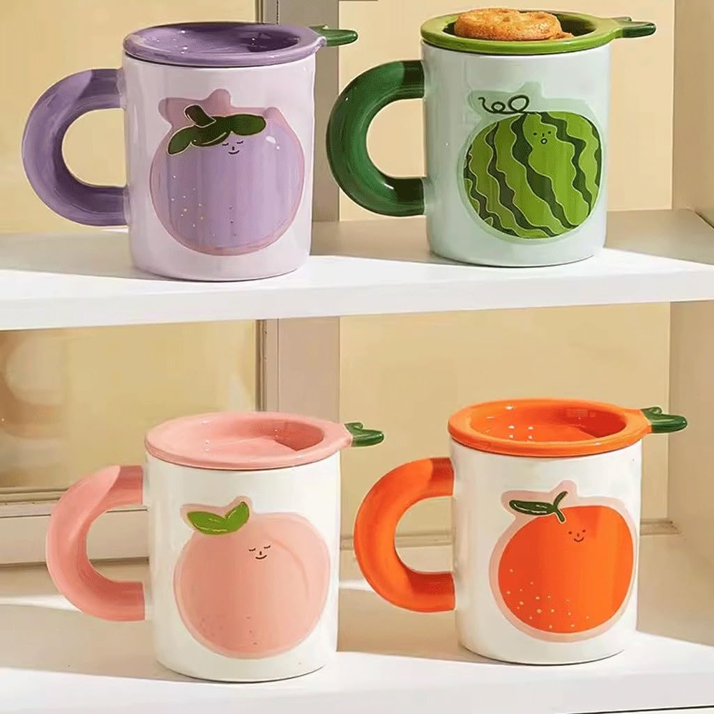 Tazza di Vetro, Tazza da tè, Tazza da caffè di Grande capacità con Coperchio, Frutta, Tazza d'Acqua per Ragazze Carine, Tazza per la Colazione casalinga (A)