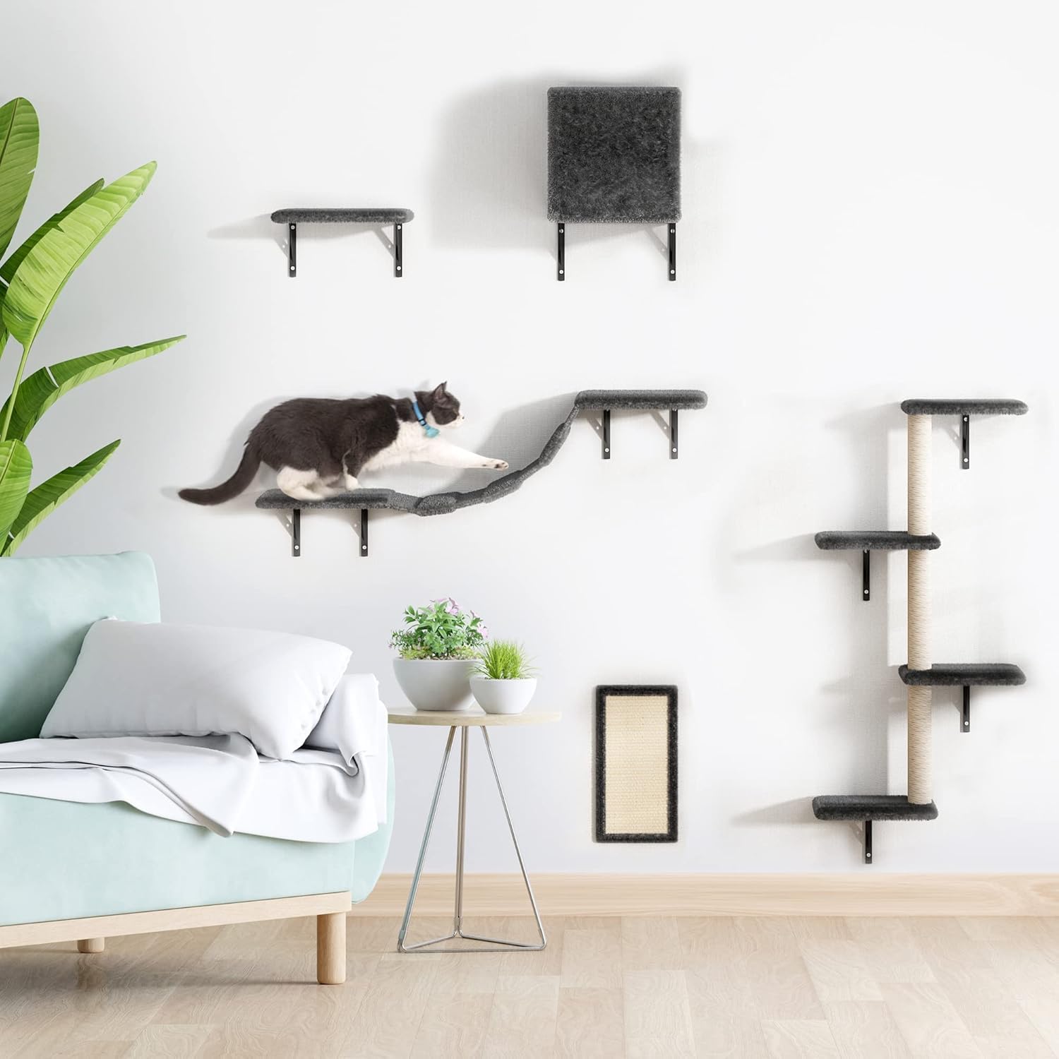 5 pezzi di mobili a muro multipiano per interni con tiragraffi, appartamento per gatti, posatoi, ponte per gatti, grigio
