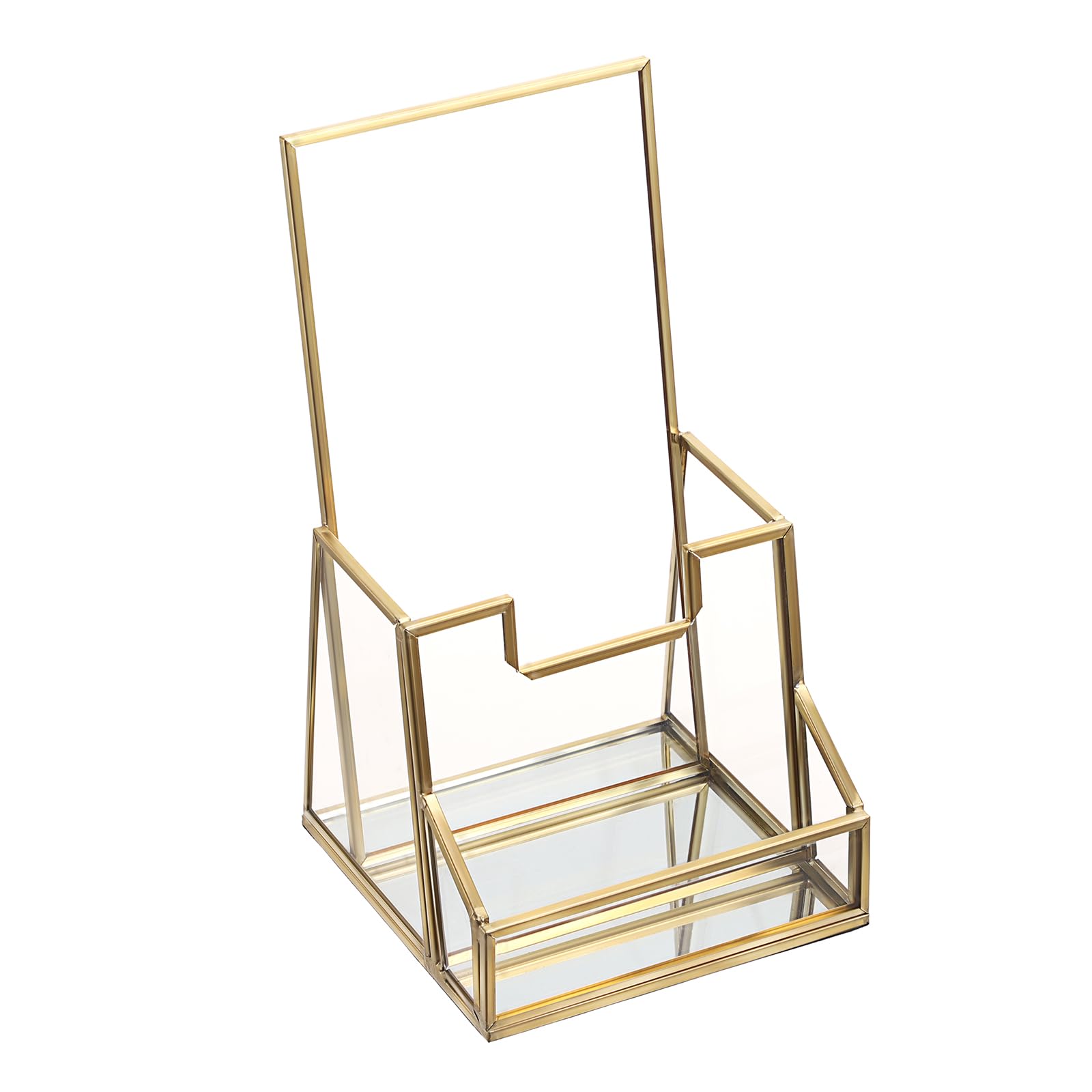 SUMTree Soporte para folletos con soporte para tarjetas de visita, soporte para folletos con tarjetero dorado, soporte para folletos de cristal transparente, organizador con tarjetero para exhibición