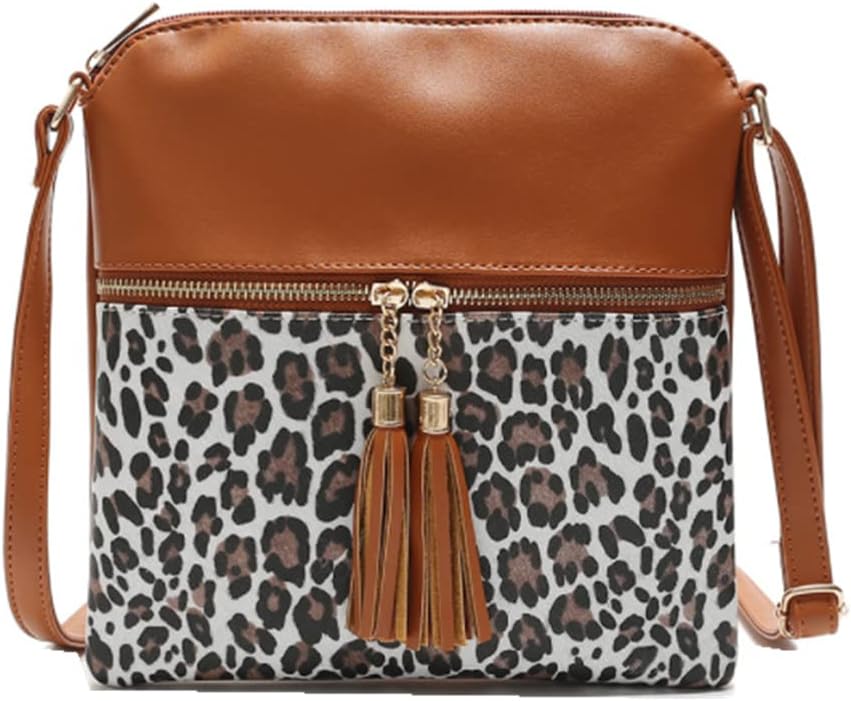 YAQUNICER Women Leopard Print Crossbody Handbag Tassel Pendant Small Shoulder Bag