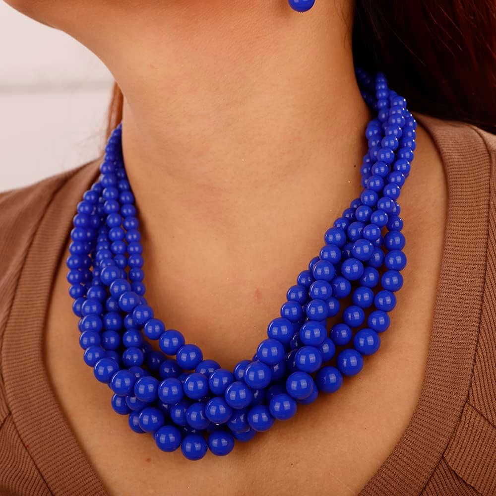 Aimimier 1920s Multilayered Chunky Beads Cluster Choker Necklace with Earrings Statement Necklace Prom Jewelry for Women (Blue) - Image 3