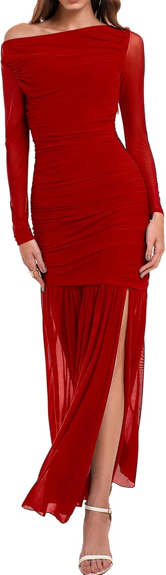 HYPERFIRE Womens Formal Wedding Guest Dresses Mesh Long Sleeve Off The Shoulder Asymmetrical Maxi Dress