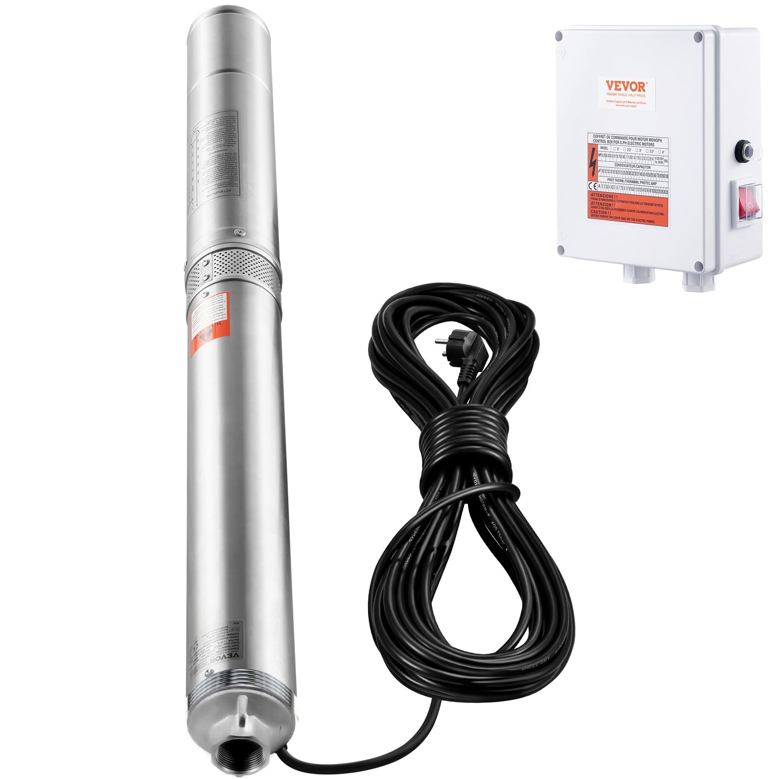 VEVOR Pompa Sommergibile per Pozzi Profondi, IP68 2200W 230 V, Massima Portata 9,8 m³/h Prevalenza 144m, Cavo Elettrico 19,4 m, Scatola Controllo Acciaio Inox Irrigazione Industriale Uso Domestico