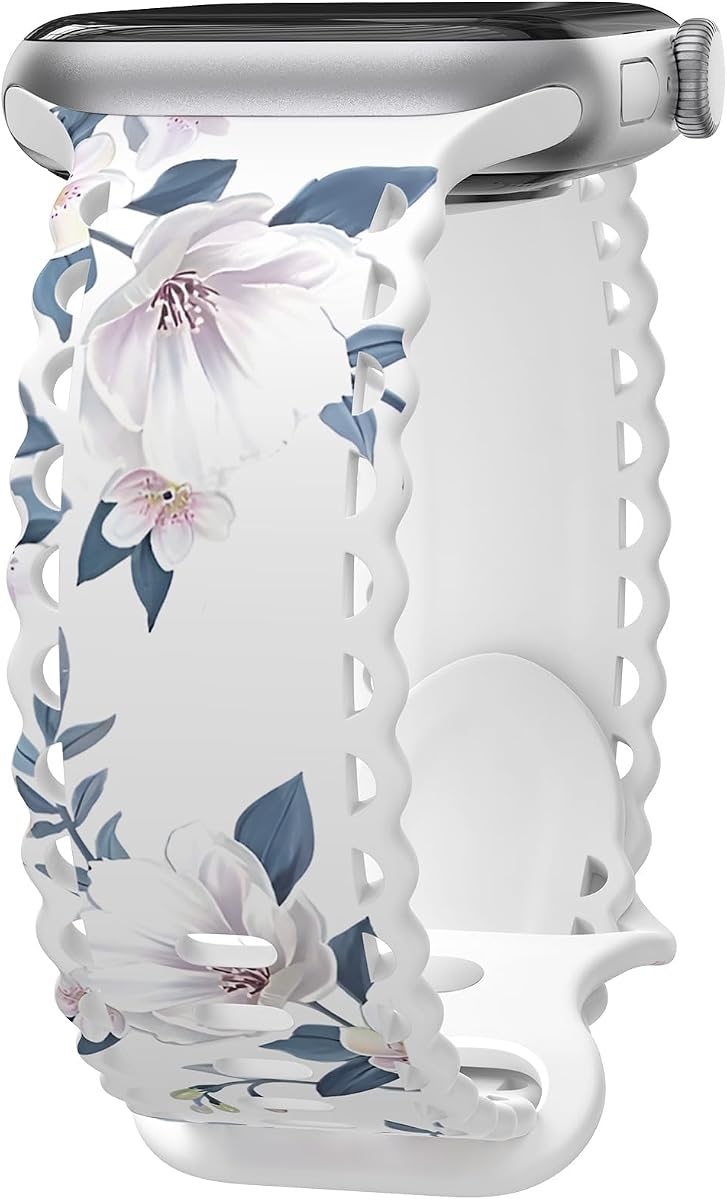 Flower Lace Band Compatible with Apple Watch Band 40mm 44mm 46mm 41mm 45mm 38mm 42mm 49mm Women, Soft Silicone Floral Print Sport Replacement Strap for iWatch Series Ultra 11 10 9 8 7 6 5 4 3 2 1 SE
