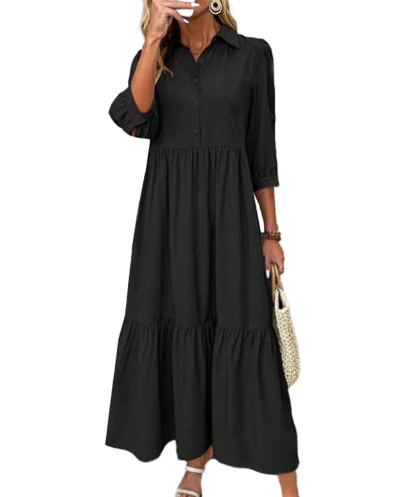 SEMATOMALA Women's Casual Button Down Collared Shirt Maxi Dress 3/4 Sleeve Ruffle Tiered Flowy Long Dress BL-XL Black by SEMATOMALA - Used condition - US$29.21