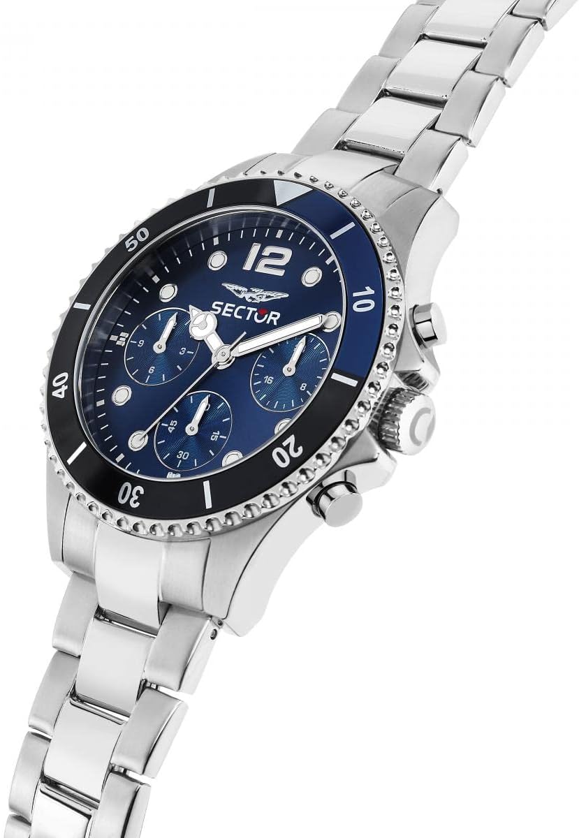 Close-up of the Sector No Limits 230 watch's blue multifunction dial with chronograph sub-dials.