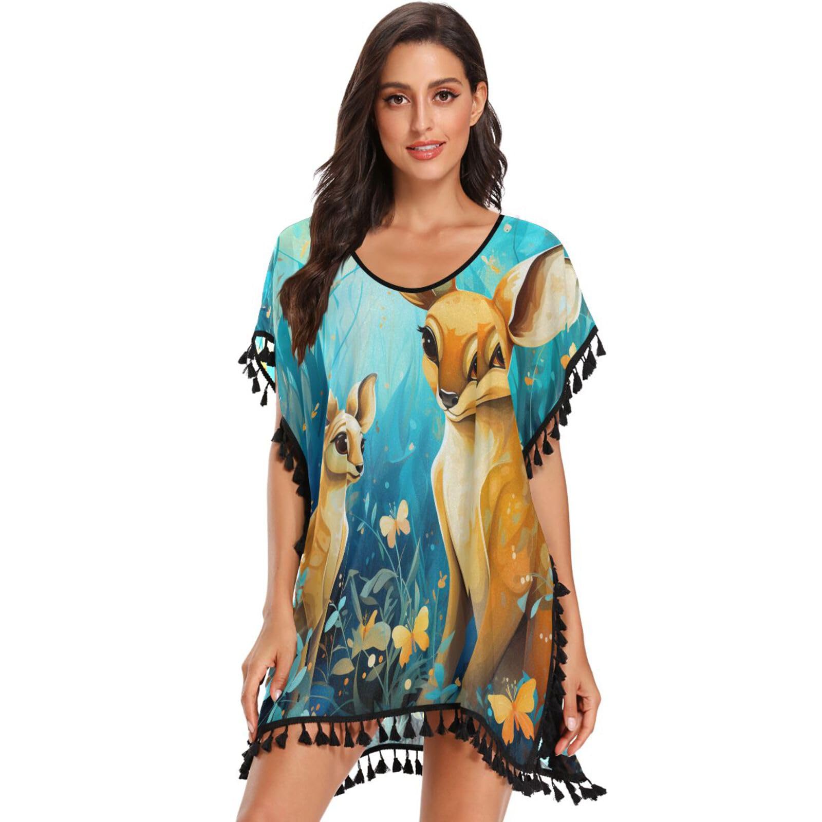 Forest Flower Animals Kangaroo Women's Beach Cover Up Chiffon Tassel Swimwear Swimsuit Coverups for Girl