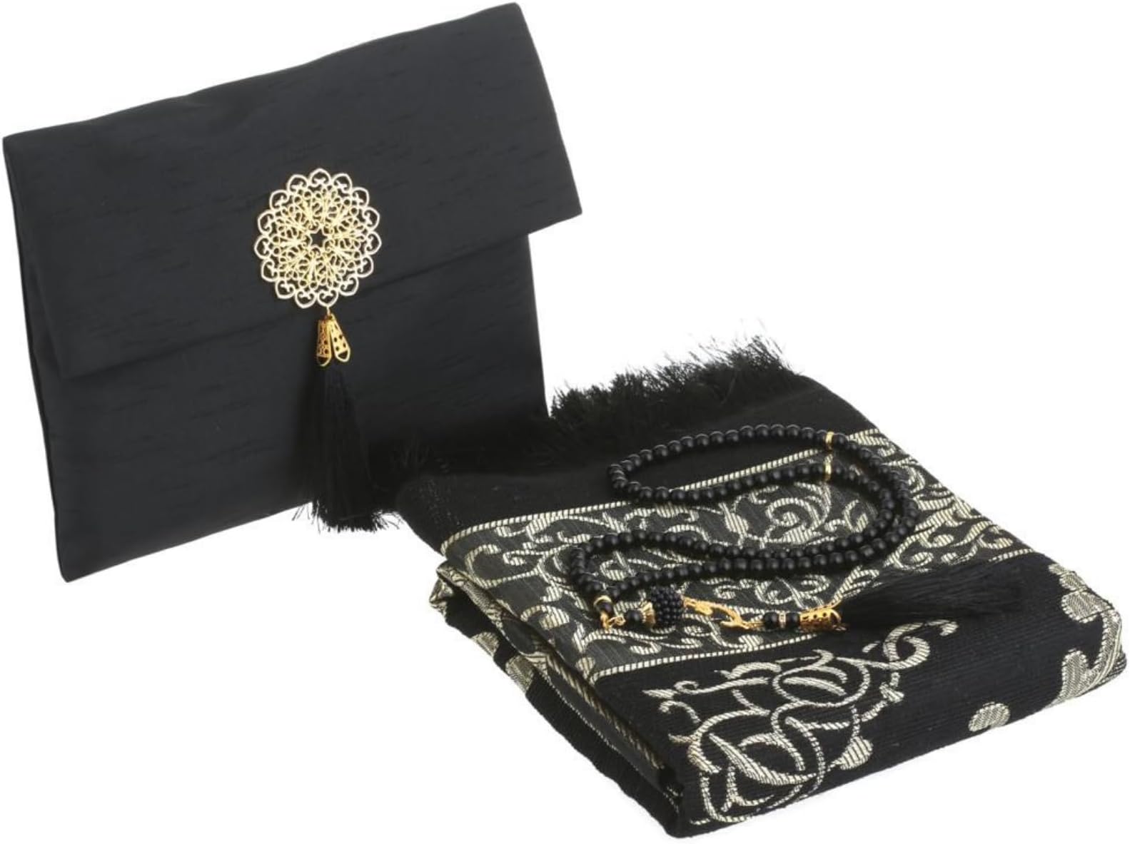 Prien Muslim Prayer Rug with Tasbih and Portable Bag, Muslim Gift for Women Men, Mubarak Islamic Box, Soft Mat Islam Gifts Set, Turkish Sajadah for Ramadan, Eid, Hajj, Travel, Pray (Black)